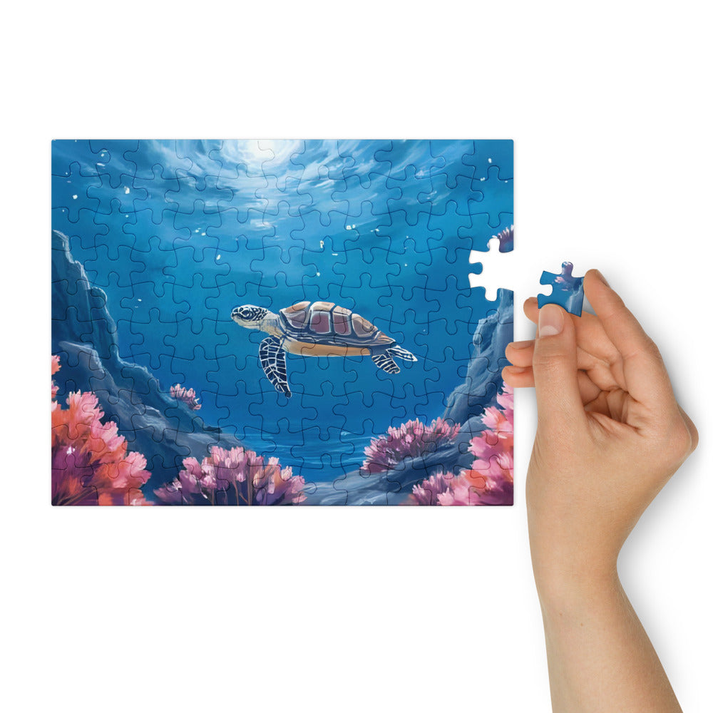 Turtle Under Water - Jigsaw puzzle with tin