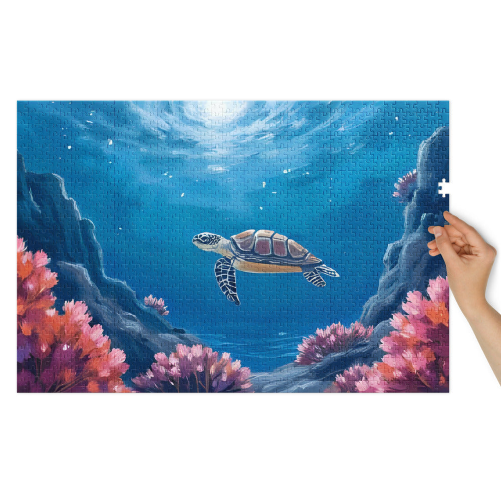 Turtle Under Water - Jigsaw puzzle with tin
