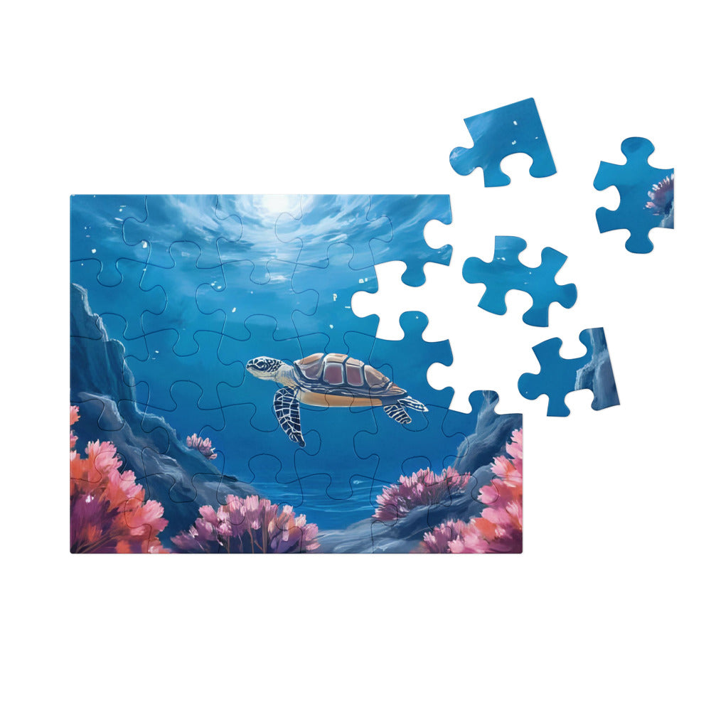 Turtle Under Water - Jigsaw puzzle with tin