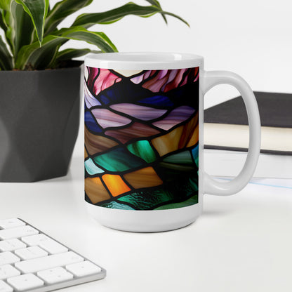 Mountain Glow – Stained Glass Sunrise Mug