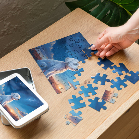 Jigsaw puzzle with tin