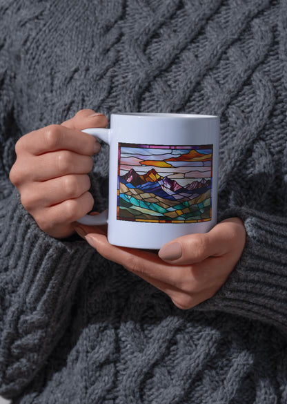 Mountain Glow – Stained Glass Sunrise Mug